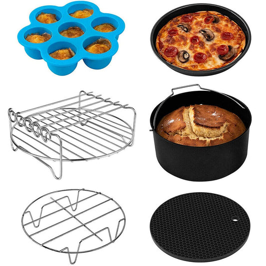 8-Inch Round Air Fryer Accessory Set - 6 Essential Baking Trays, Racks & Pans for Healthy Cooking - FREE SHIPPING VIP