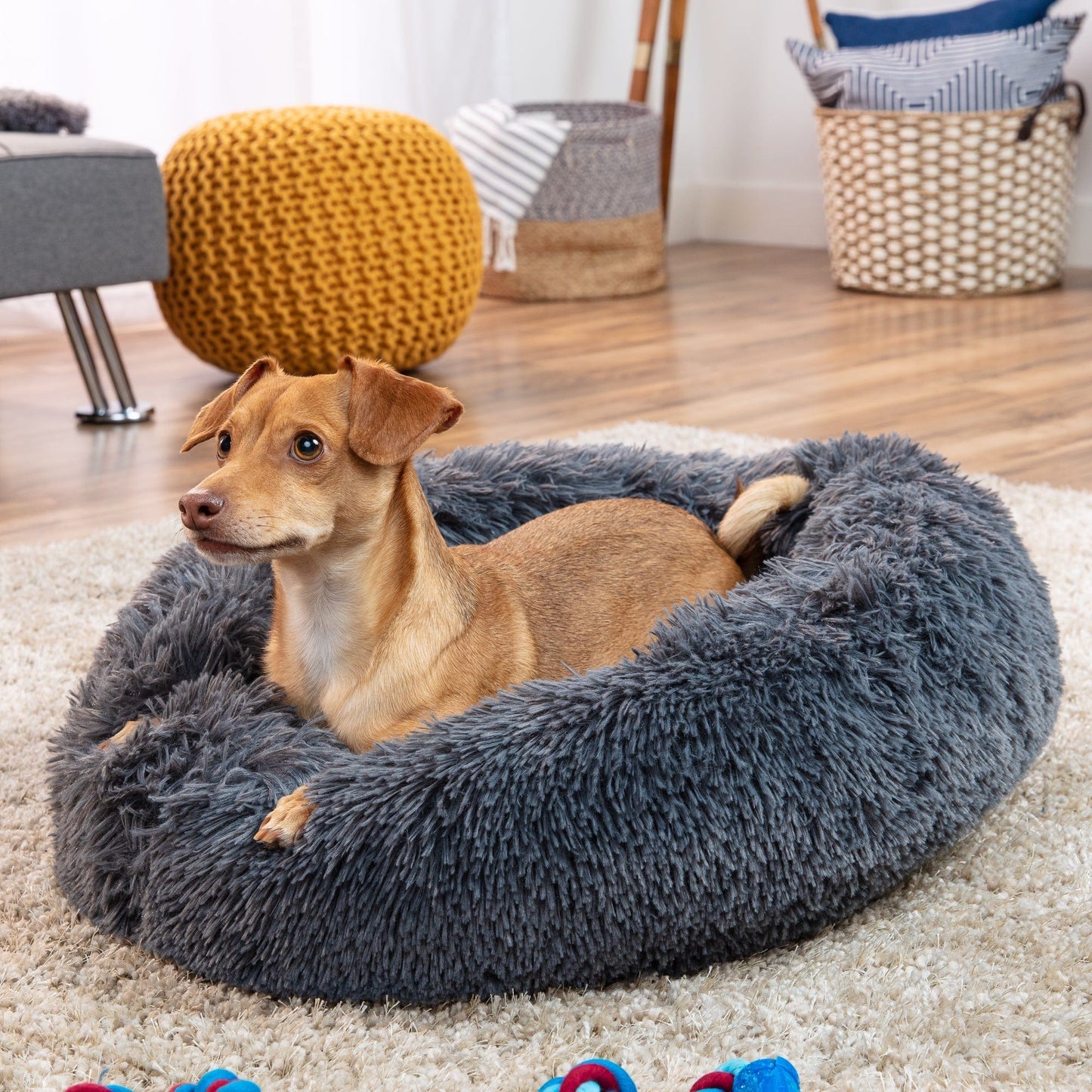 Self-Warming Shag Fur Calming Pet Bed w/ Water-Resistant Lining - Gray VIP